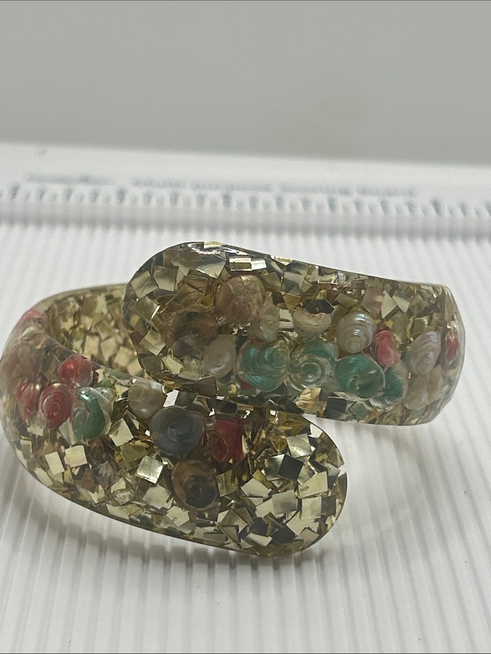 MCM Vintage Lucite Gold Confetti Clamper Bracelet with Colorful Shell Accents